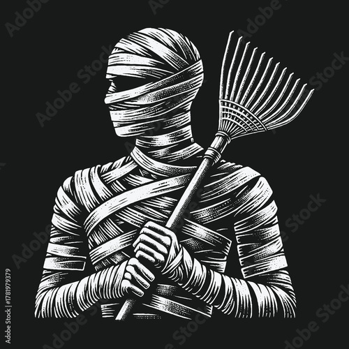Monochrome engraving of an ancient mummy holding a garden rake.