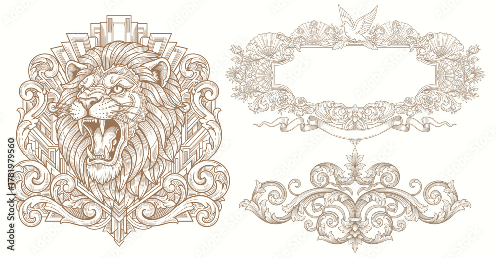 Fototapeta premium Luxury decorative vector elements set, rococo and baroque style, vintage luxury royal vignette