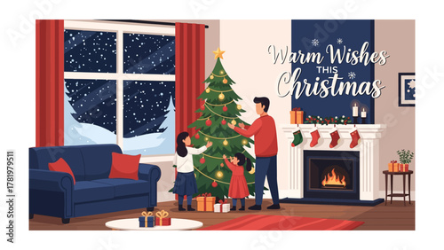 Festive Family Moment: A heartwarming Christmas scene unfolds as a family gathers to decorate a Christmas tree, creating memories in a cozy living room. 