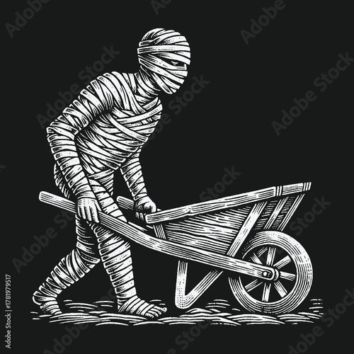 Vintage Engraving of an Egyptian Mummy Pushing a Wooden Wheelbarrow.