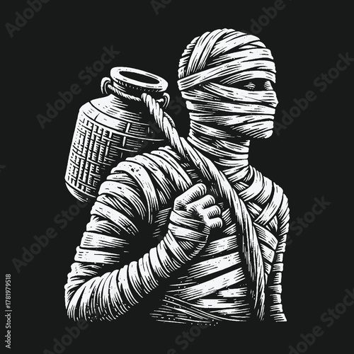Monochrome engraving style mummy carrying an ancient pot.