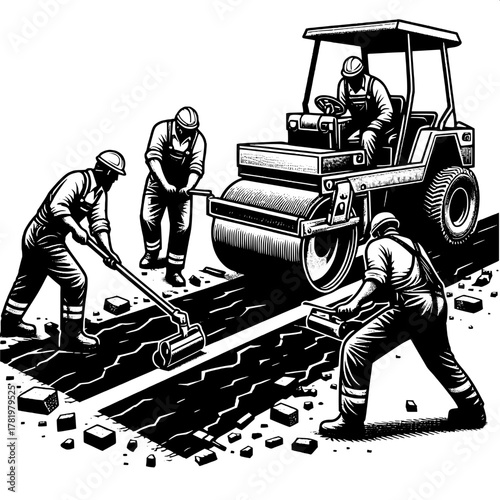 Runway Repair Crew with Asphalt Roller