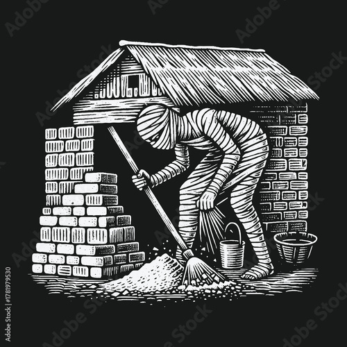Monochrome illustration of a mummy construction worker cleaning up.