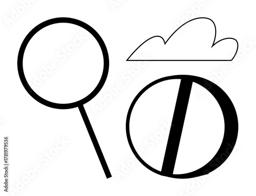 Magnifying glass, cloud, and prohibition sign combined to symbolize research, analysis, restrictions, and digital limits. Ideal for technology, internet privacy, cloud storage inspection data