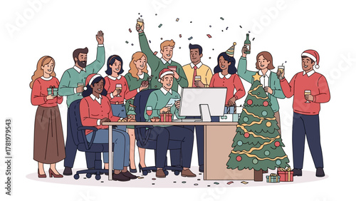 Christmas Cheer in the Office: A joyful gathering of office workers celebrates the holiday season. The office is decorated with festive elements, a Christmas tree, and presents and gifts.