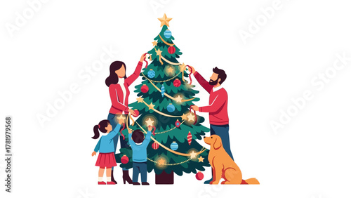 Family Festive Decor: A heartwarming scene unfolds as a family, united in joy, adorns their Christmas tree with twinkling lights and colorful ornaments, creating a festive atmosphere. 