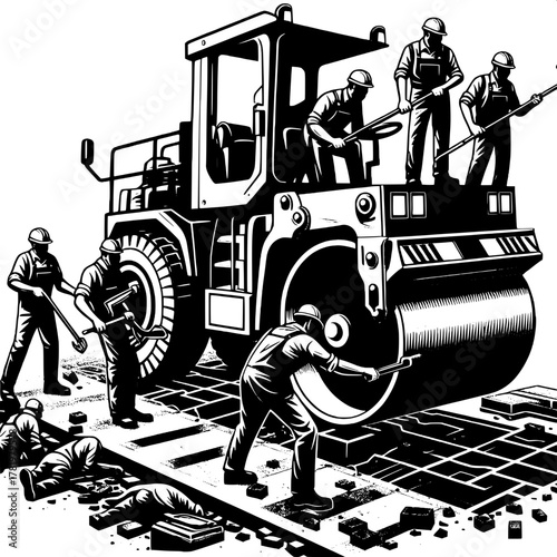 Runway Repair Crew with Asphalt Roller