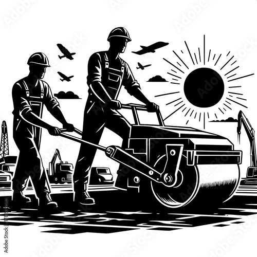 Runway Repair Crew with Asphalt Roller