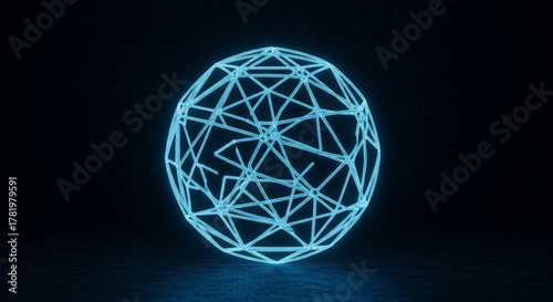 Abstract glowing blue sphere with geometric lines and connections on a dark background, creating a futuristic and technological feel