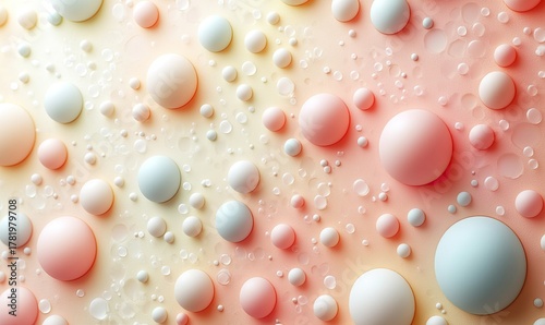 Soft pastel spheres and glossy water drops forming an abstract textured geometric background.