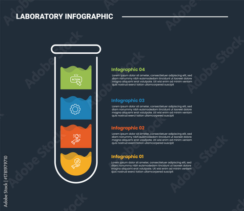 Laboratory science infographic process diagram with test tube with stacked list information on side with dark background bright outline style 4 points