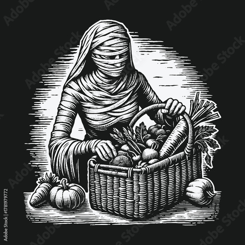 Ancient mummy with a wicker basket of fresh harvest vegetables.
