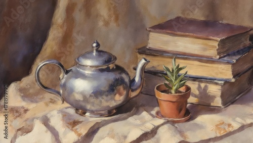 Still life painting with a teapot, books, and potted plant on a draped surface