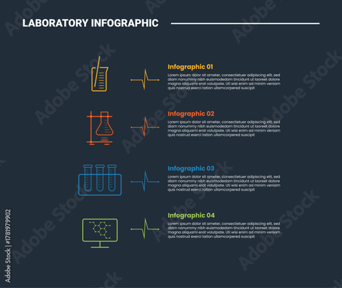 Laboratory science infographic process diagram with stacked list information vertical with dark background bright outline style 4 points