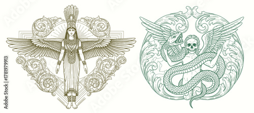 engraving illustration of victorian, rococo, baroque style elements. book cover, social media, t shirt design application