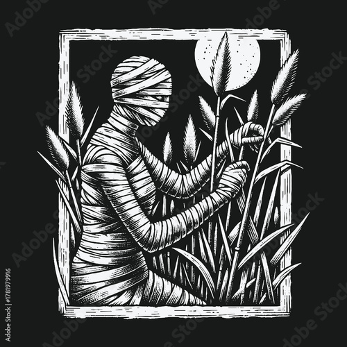 Vintage style mummy illustration walking through reeds under a full moon.