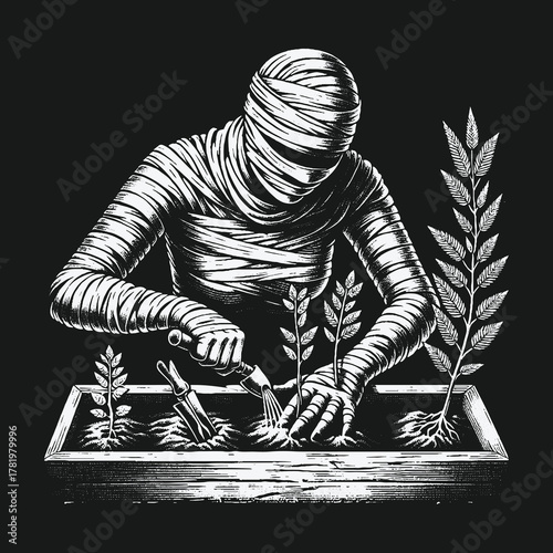 Gothic black and white illustration of a mummy gardening.