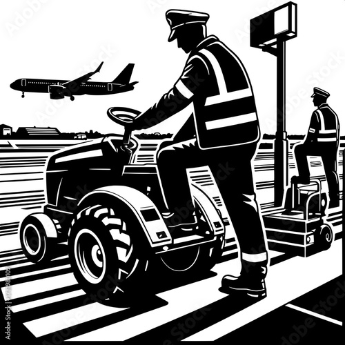 Workers Operating Airport Tractor