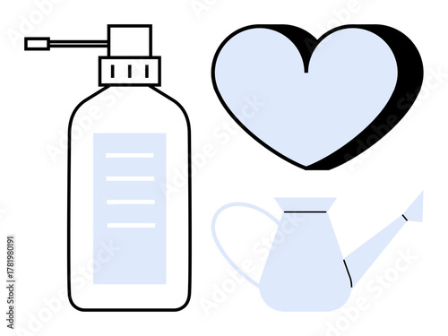 Lotion bottle, watering can, and heart highlight themes of hygiene, self-care, and growth. Ideal for wellness, beauty products, personal care, nurturing sustainability balance simple flat metaphor