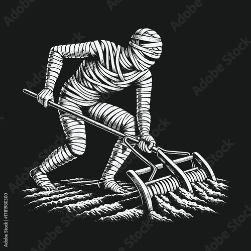 Surreal black and white artwork of a mummy tilling soil with a manual plow.