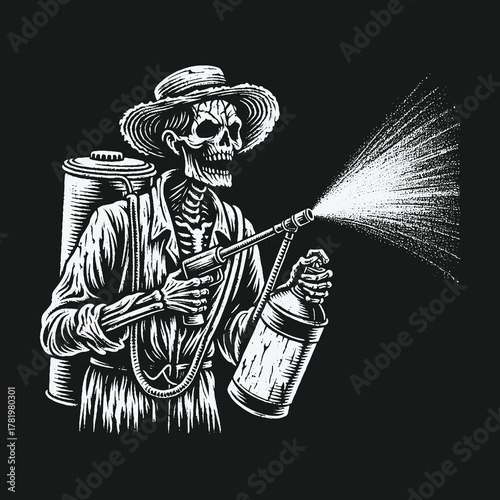 Monochrome illustration of a skeleton farmer spraying toxic pesticide.