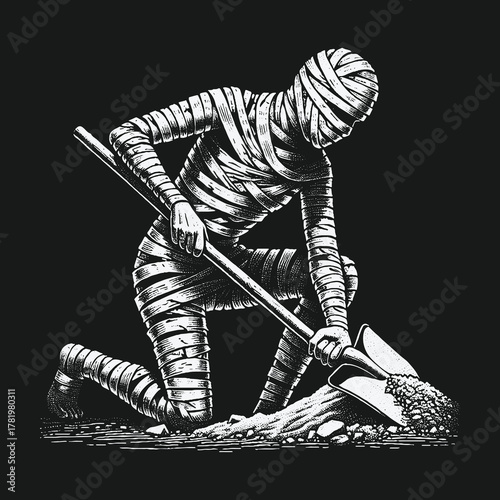 Monochromatic vintage engraving of a mummy kneeling and digging a grave with a shovel.