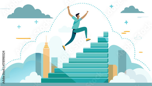 Man climbing stairs towards success and achievement in a stylized city landscape