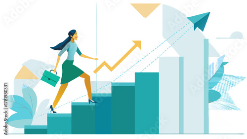 Woman climbing stairs representing career growth and financial success