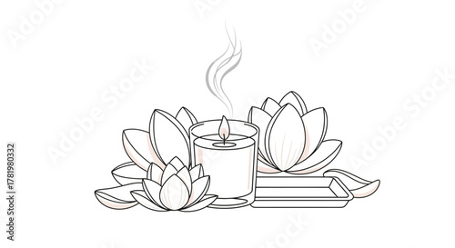 Elegant spa candle with lotus flowers a minimalist line art vector illustration for wellness and relaxation concepts isolated on white