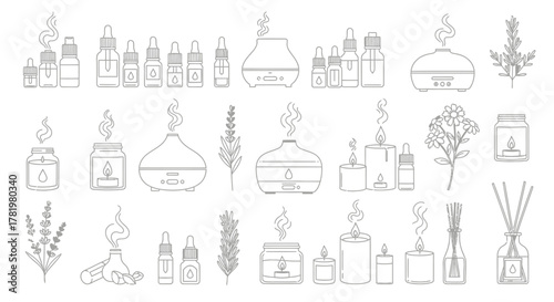 Set of aromatherapy line art icons essential oil diffuser and candle vector illustrations isolated on white background