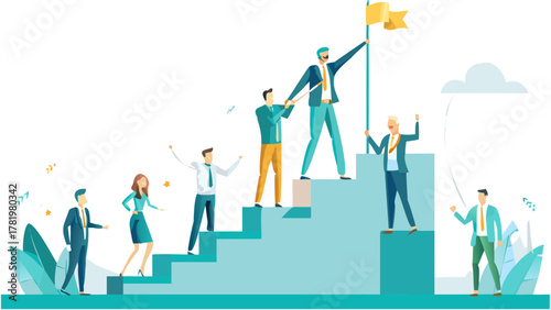 Team climbing stairs to reach the top and plant flag success