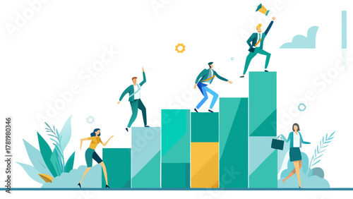 Diverse business people climbing stairs representing career growth and success