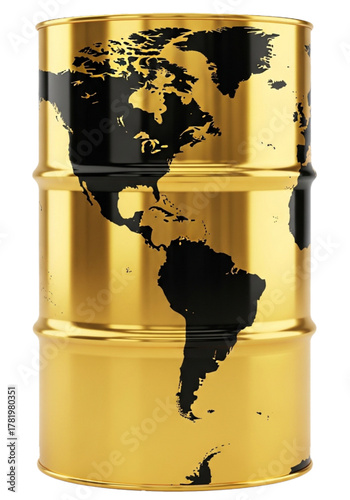 Golden oil barrel with world map isolated on transparent background