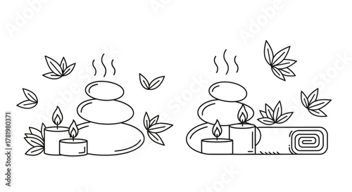 Spa treatment elements in outline style including stones candles and leaves vector icons for wellness and relaxation concepts