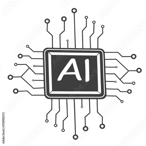 A black diamond-shaped chip with the letters AI inside, spreading lines of data outward, white background
