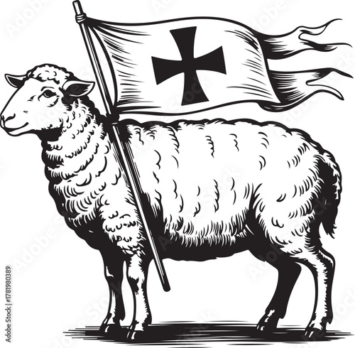 Lamb Holding Banner Cross Symbol Religious Devotion Illustration Engraving Style