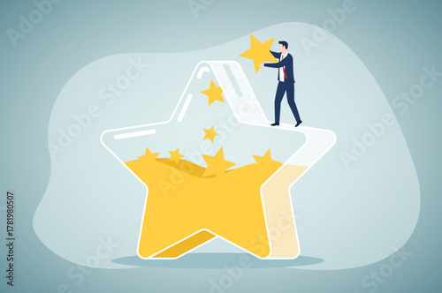Reputation Management. A person carefully adding a star to a star-shaped container, symbolizing the effort to maintain positive ratings, enhance reputation, and build credibility.
