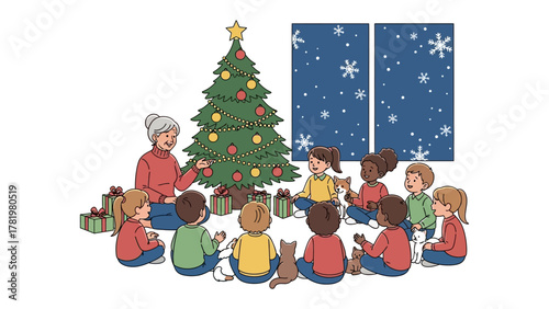 Festive Storytime: A gathering of children are gathered around a decorated Christmas tree as an elder share heartwarming tales in a cozy indoor scene.