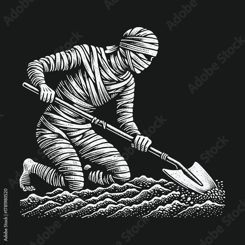 Monochrome woodcut style illustration of a mummy digging in the ground with a shovel.