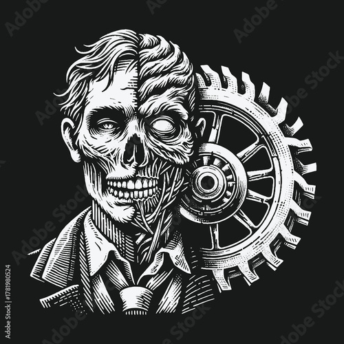 Gothic engraving style portrait of a man merging with mechanical gears.