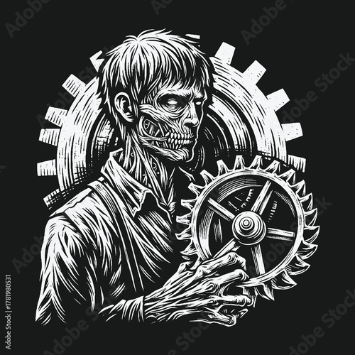 Monochrome illustration of a skeletal man holding a large industrial gear.