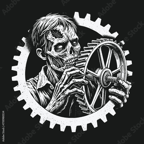 Monochrome illustration of an undead mechanic inspecting a cogwheel.
