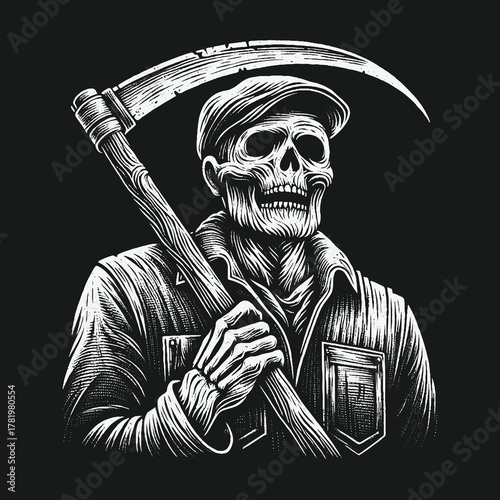 Monochrome illustration of a skeleton grim reaper with a scythe.