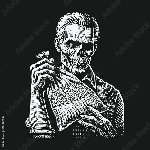 Vintage Engraving Style Zombie Holding a Sack of Coffee Beans.