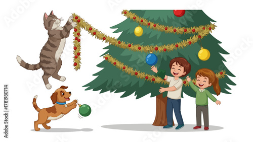 Festive Friends: A heartwarming scene unfolds as children, a dog, and a cat team up to decorate a vibrant evergreen tree, embodying holiday cheer.