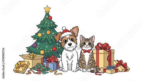 Holiday Cheer: Festive cat and dog with a Christmas tree and wrapped presents, embodies the spirit of the holiday season, radiating warmth and joy