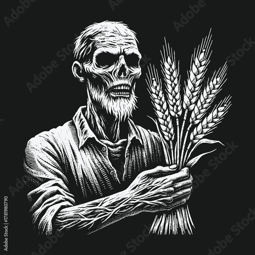 Skeletal farmer with a harvest of wheat illustration.