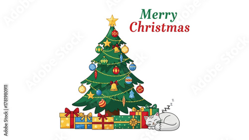 Festive Season: A decorated Christmas tree surrounded by wrapped gifts, a cheerful cat is sleeping near the tree. conveying the warmth of the holiday season and the joy of giving. 