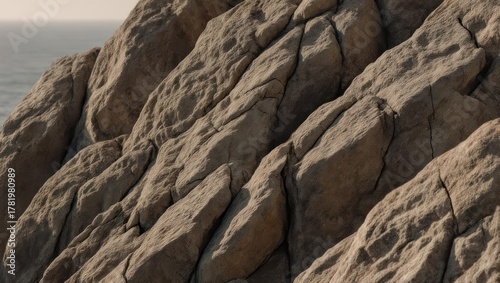 Close-up of a weathered, textured rock formation with the ocean blurred in the background
