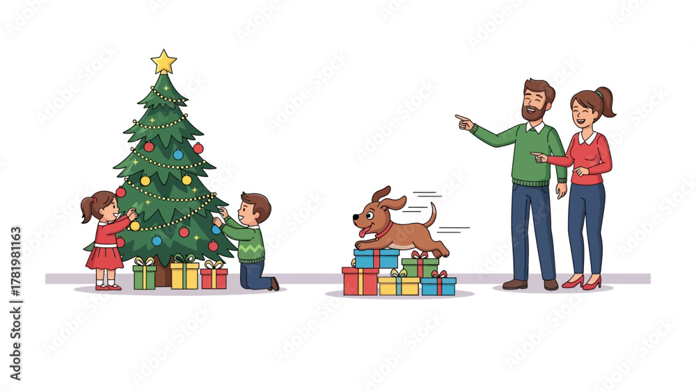 Naklejka premium Holiday Togetherness: A family shares joyous moments as they decorate the tree with a happy dog, embracing the spirit of the holiday season, creating a memory to last a lifetime.
